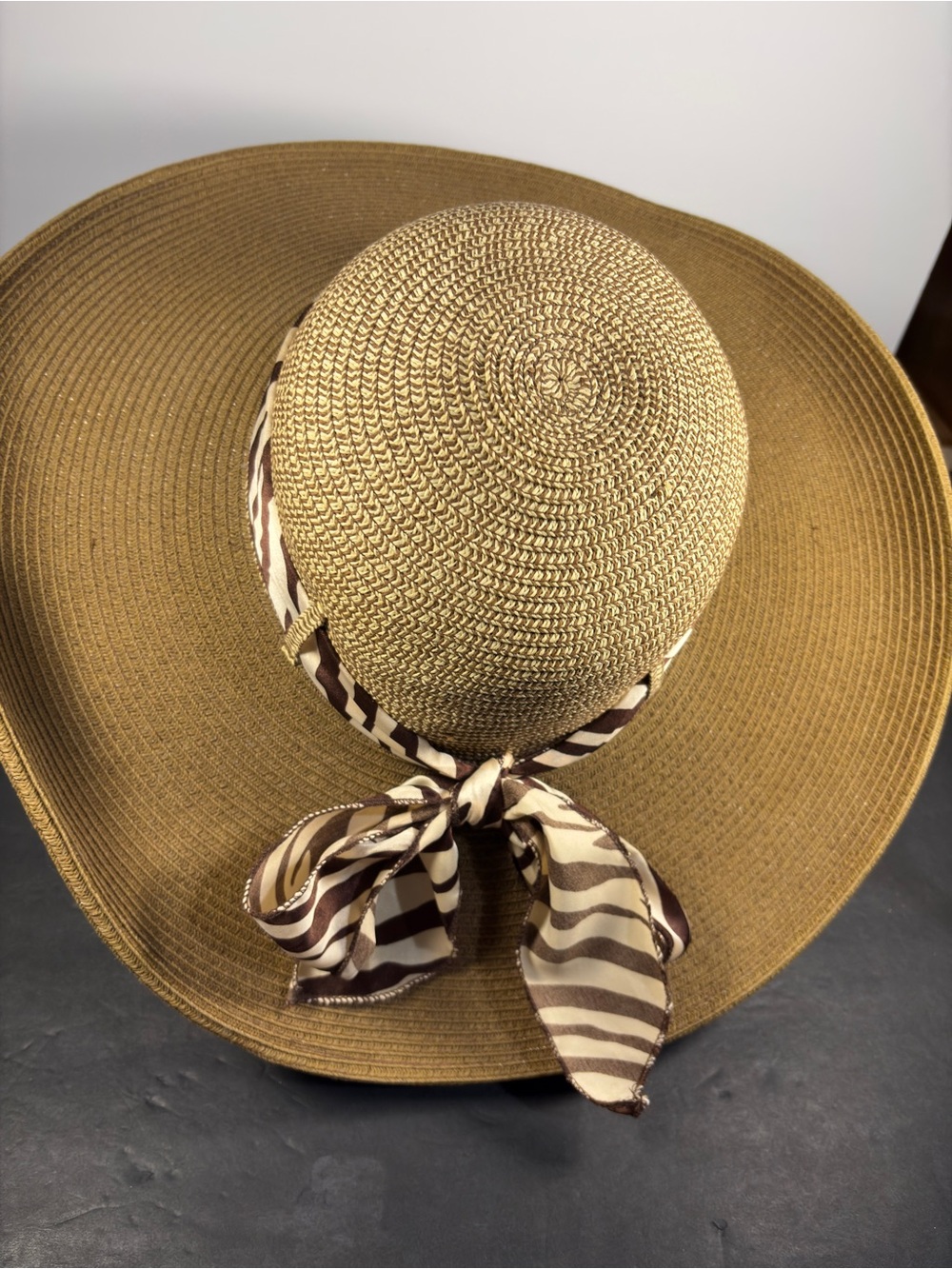 Womens Wide  Brim Sun Hat with Animal Print Scarf, Beach ResortWear Vacation